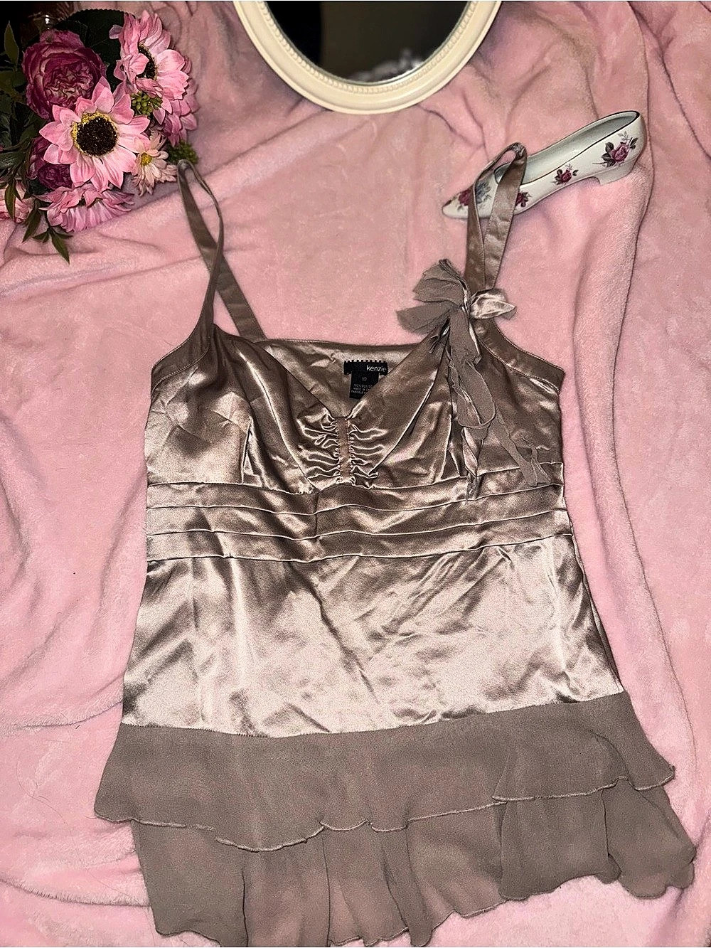 y2k Kenzie Satin Ruffle Babydoll Top in Brown Size 10